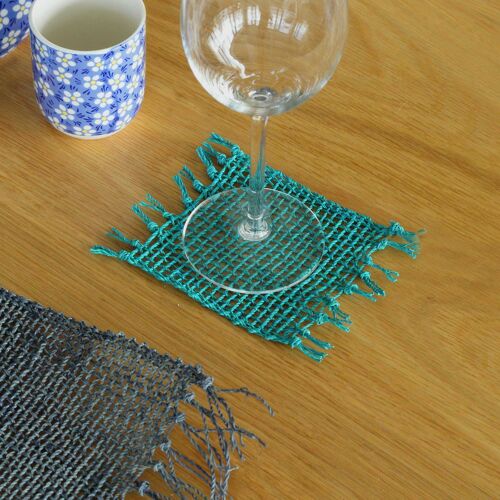 NatPM-11 - Seagrass Fringe Natural Coaster - Turquoise - Sold in 4x unit/s per outer