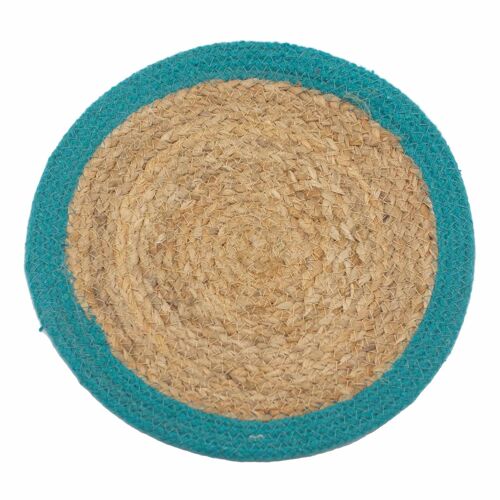 NPMAT-02 - Natural Place Mat - Jute & Cotton 30cm - Teal Border - Sold in 4x unit/s per outer