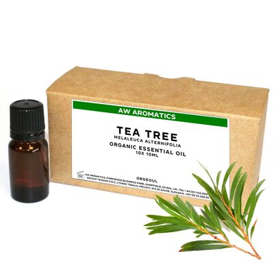 OrgeoUL-02 - Aceite esencial orgánico de árbol de té 10 ml - Etiqueta blanca - Se vende en 10 unidades por exterior