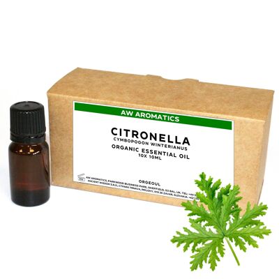 OrgeoUL-11 - Aceite esencial orgánico de citronela 10 ml - Etiqueta blanca - Se vende en 10 unidades por exterior