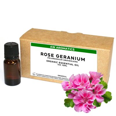 OrgeoUL-20 - Olio essenziale biologico di geranio rosa 10 ml - Etichetta bianca - Venduto in 10 unità/i per confezione esterna