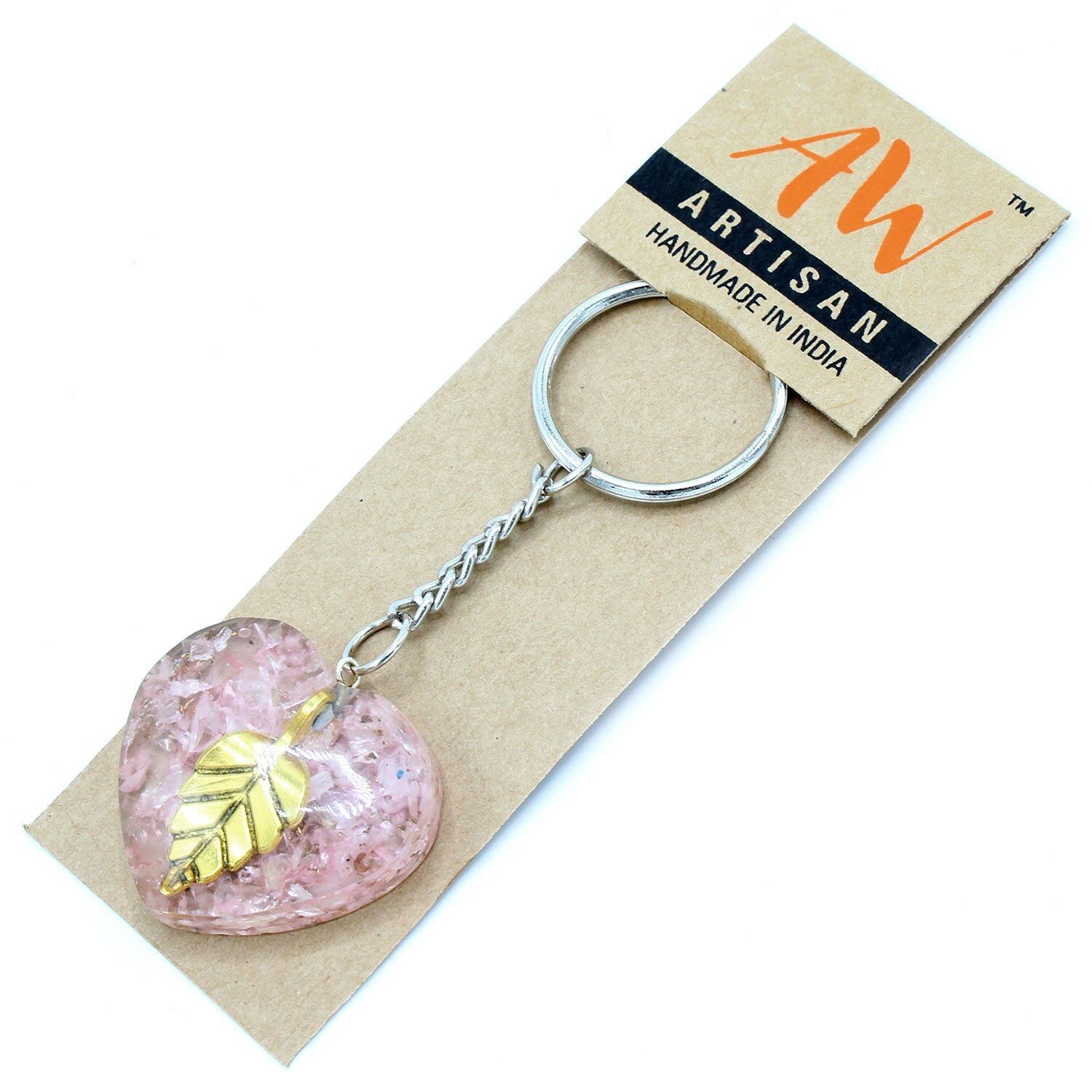 OrgK-10 - Orgonite Power Keyring - Rose Quartz Hearts Golden Leaf - Sold in 1x unit/s per outer