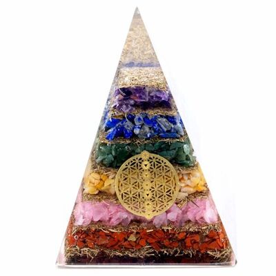 Orgn-15 - Piramide di orgonite - Fiore della vita dei sette chakra - 90 mm - Venduto in 1x unità per esterno