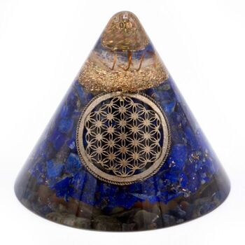 Orgn-21 - Orgonite Cône - Lapis Fleur de Vie - Quartz Suspendu - 90 mm - Vendu en 1x unité/s par extérieur 1