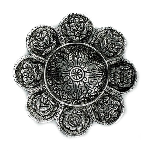 PAIH-04 - Polished Aluminium Tibetan Symbols Incense Holder 12cm - Sold in 6x unit/s per outer