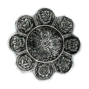 PAIH-04 - Porte-encens symboles tibétains en aluminium poli 12 cm - Vendu en 6x unité/s par extérieur 1