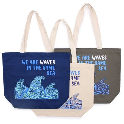 PCB-01 - Bedruckte Baumwolltasche - We are Waves - Grau, Blau und Natur - Verkauft in 3x Einheit/en pro Außenhülle