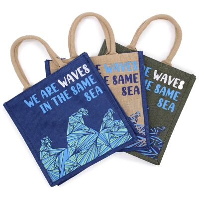 PJB-01 - Borsa di iuta stampata - We are Waves - Grigio, blu e naturale - Venduto in 3 unità per esterno