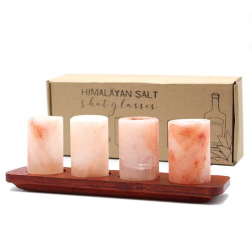 QsaltS-01 - Set of 4 Himalayan Salt Shot Glasses & Wood Serving Stand - Sold in 1x unit/s per outer