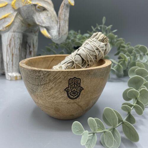 RBowl-03 - Wooden Smudge and Ritual Offerings Bowl - Hamsa - 12x7cm - Sold in 4x unit/s per outer