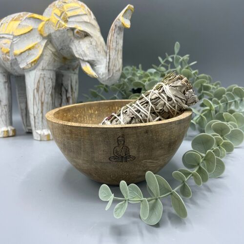 RBowl-08 - Wooden Smudge and Ritual Offerings Bowl - Buddha - 14x7cm - Sold in 3x unit/s per outer