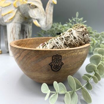 RBowl-09 - Bol en bois pour bavures et offrandes rituelles - Hamsa - 14x7 cm - Vendu en 3x unité/s par extérieur 2