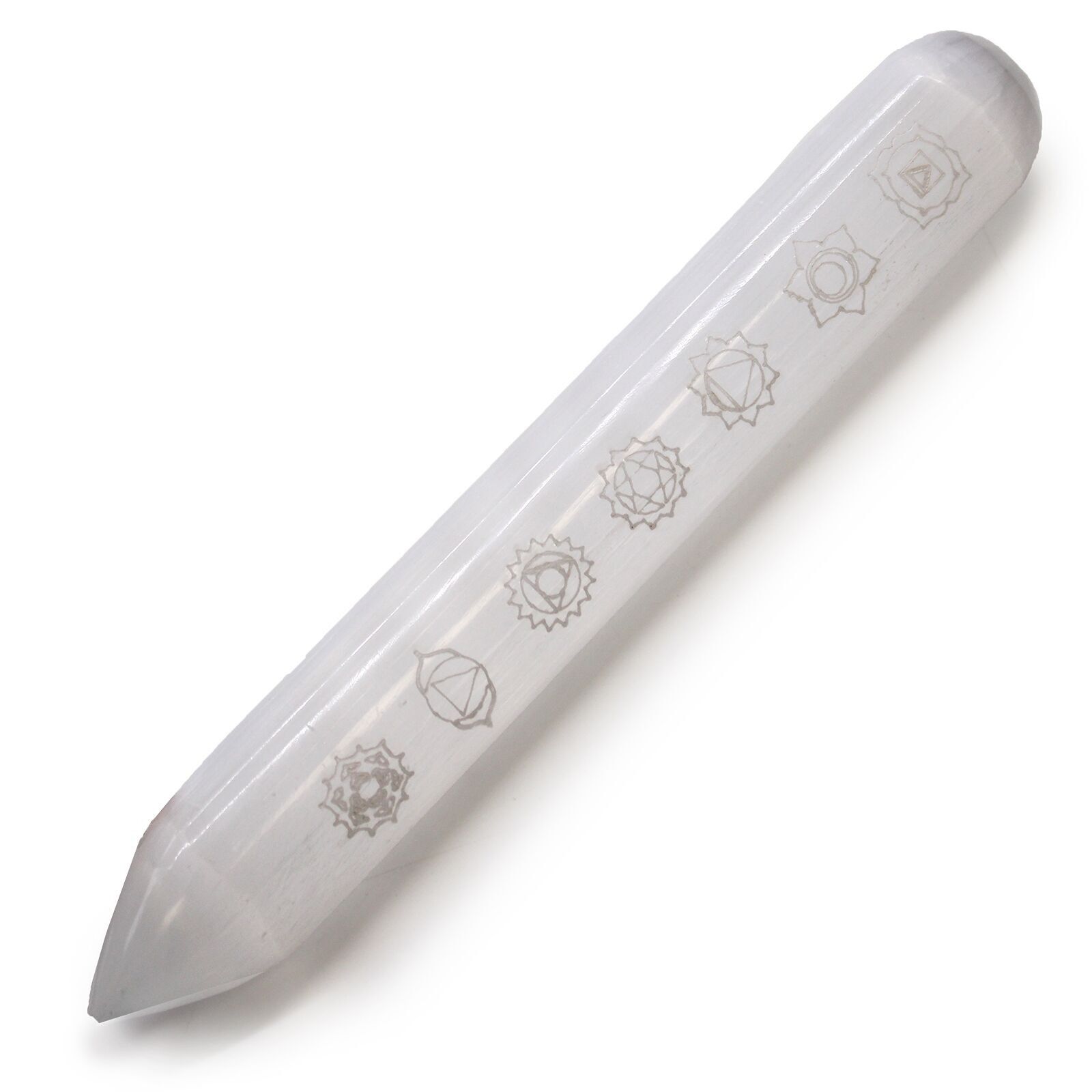 SelW-13 - Bacchetta di selenite - (Punto uno dell'estremità) 7 Chakra (14-16 cm) - Venduto in 1x unità per esterno