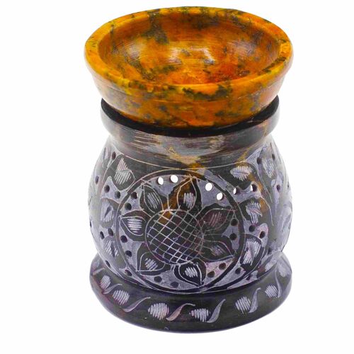 SoapOB-17 - Soapstone Oil Burner 10cm - Mandala Flower - Black & Yellow - Sold in 1x unit/s per outer