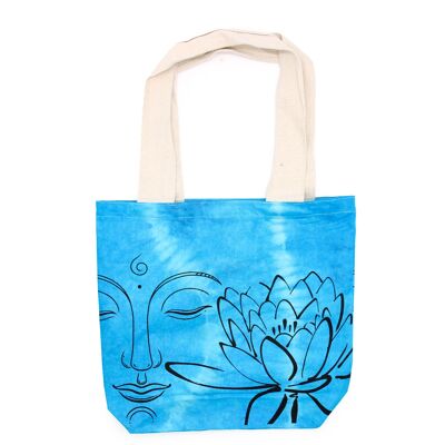 TDB-03 - Borsa in cotone Tye-Dye (6oz) - 38x42x12 cm - Buddha di loto - Blu - Manico naturale - Venduto in 1 unità per esterno