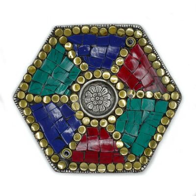 TDIH-06 - Soporte para cono y palo de decoración tibetana con placa hexagonal - Se vende en 6 unidades por exterior