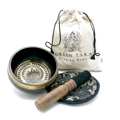 TIbS-20 - Hand Beaten & Engraved Singing Bowl Gift Set - 14cm - Green Tara - Sold in 1x unit/s per outer