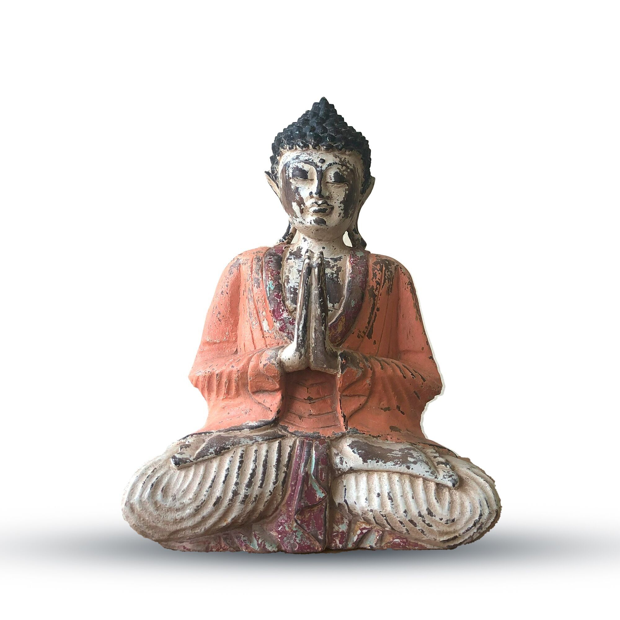 VHCBS-02 - Orangefarbene handgeschnitzte Buddha-Statue im Vintage-Stil - 30 cm - Willkommen - Verkauft in 1x Einheit/en pro Umkarton