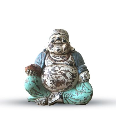 VHCBS-03 - Handgeschnitzte Buddha-Statue in Vintage-Blau-Minze - 30 cm - Glücklicher Buddha - Verkauft in 1x Einheit/en pro Umkarton