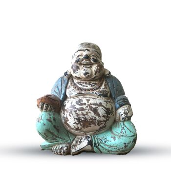 VHCBS-03 - Statue de Bouddha sculptée à la main en menthe bleue vintage - 30 cm - Bouddha heureux - Vendu en 1x unité/s par extérieur