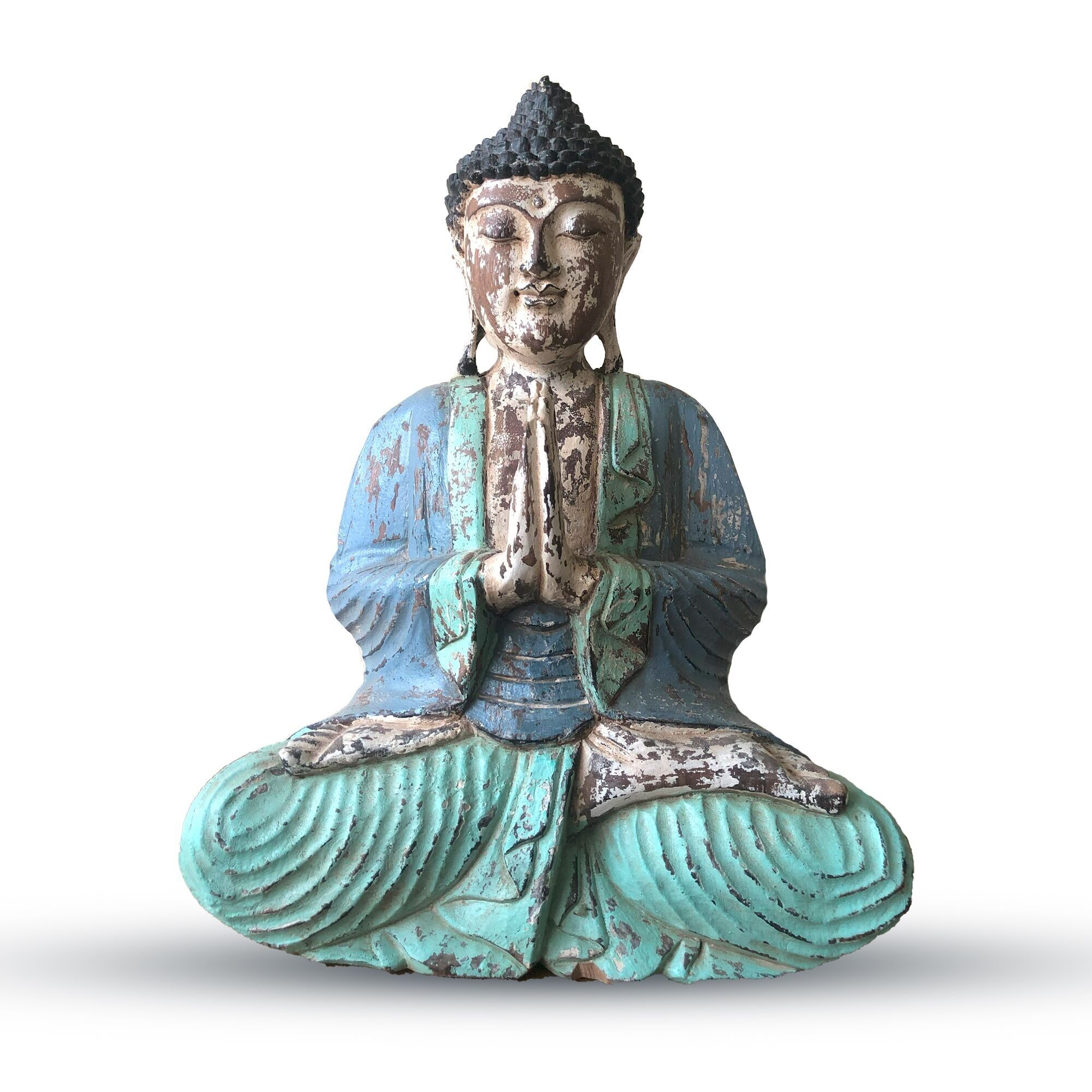 VHCBS-05 - Statua di Buddha vintage blu menta intagliata a mano - 40 cm - Benvenuto - Venduto in 1x unità per esterno