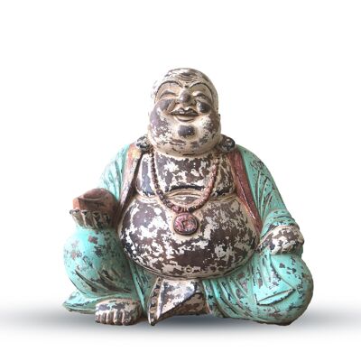 VHCBS-06 - Statua di Buddha intagliato a mano vintage color menta - 40 cm - Buddha felice - Venduto in 1 unità esterna