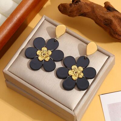 Boucles d'oreilles dorées fleur noir acrylique