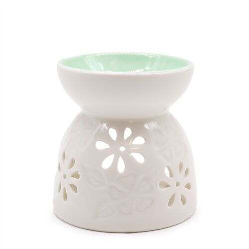 OBCW-08 - Classic White Oil Burner - Floral with Teal Well - Sold in 1x unit/s per outer