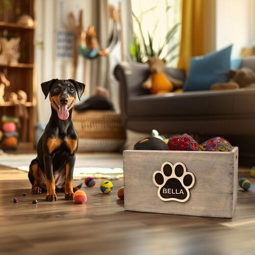 Wooden dog toy storage box with personalization