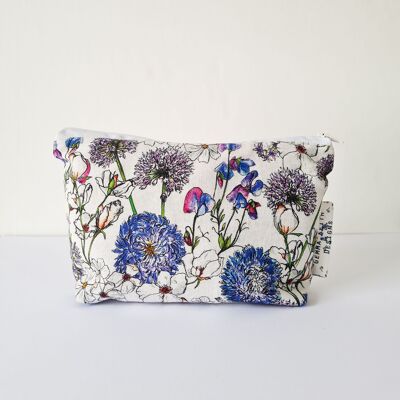 Bolsa de cosméticos hecha a mano con flores azules, bolsa de artículos de tocador