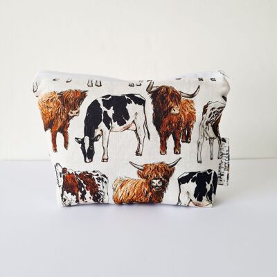 Bolsa de cosméticos hecha a mano con animales de vacas, bolsa de artículos de tocador