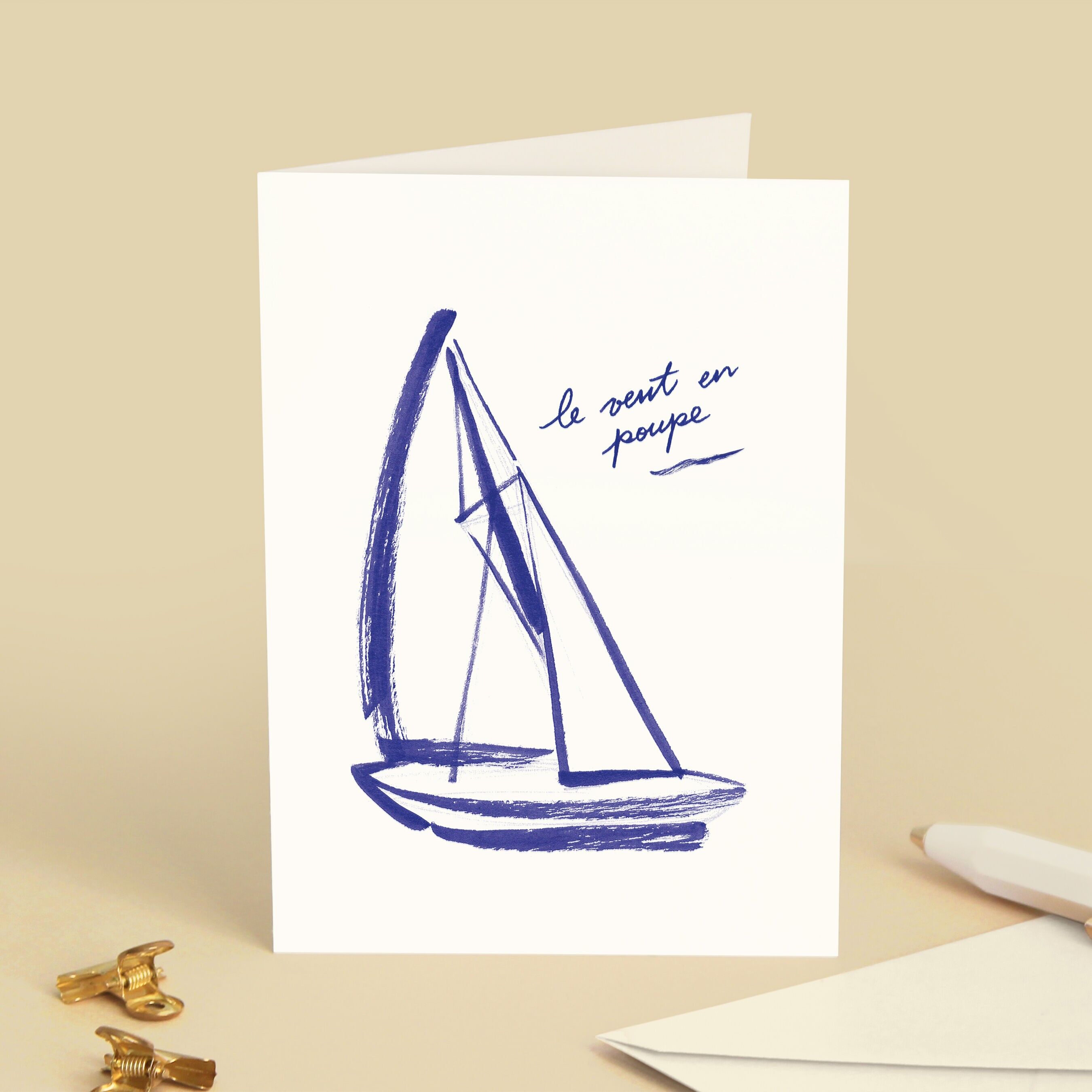 Carte "Le vent en poupe" Voilier - Aventure / Nouveau départ - Message en français - Carte de Voeux