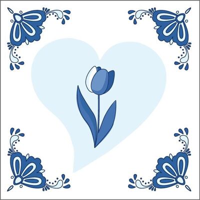 Biglietto d'auguri blu Delft – 1 tulipano – 6 pezzi