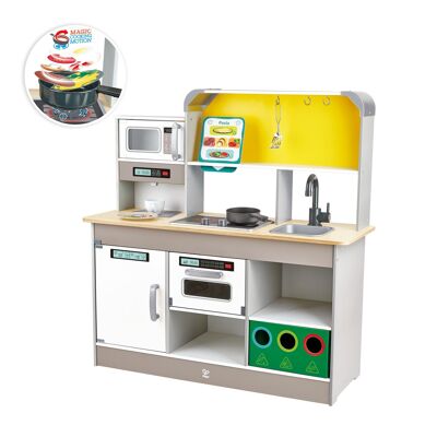 Hape - Giocattolo in legno - Set da cucina deluxe con fornelli elettronici e cestino per la raccolta differenziata