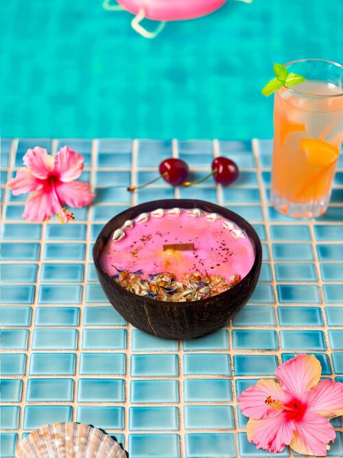 Bougie Ibiza - Coque noix de coco - passion, framboise, hibiscus