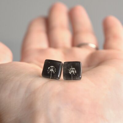 Petites boucles d'oreilles clous pissenlit, noires, verre et argent 925