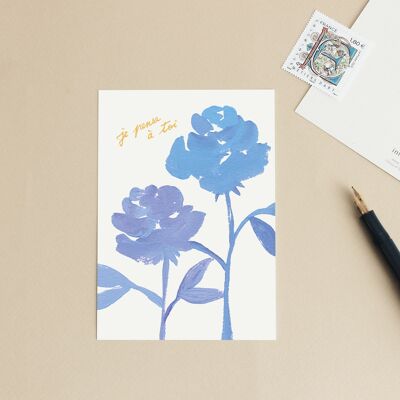 Cartolina "Ti penso" Rose blu - Illustrazione / Regalo / Compleanno