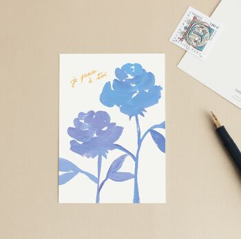Carte postale "Je pense à toi" Roses bleues - Illustration / Cadeau / Anniversaire 1