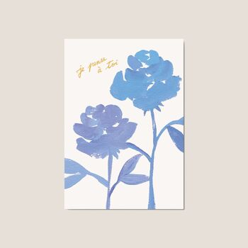 Carte postale "Je pense à toi" Roses bleues - Illustration / Cadeau / Anniversaire 3