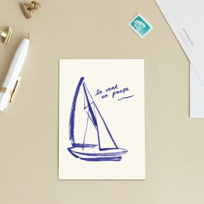 Carte postale "Le vent en poupe" - Illustration / Aventure / Voile / Homme