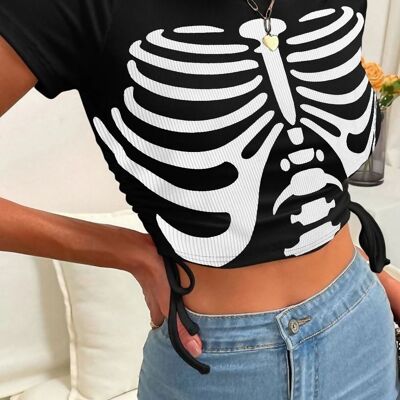 RIBBED SKELETON PRINT RUCHED SIDE CROP TEE -AD6071