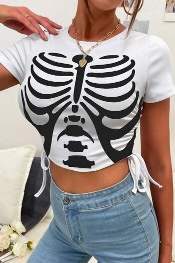 T-shirt court côtelé imprimé squelette froncé sur le côté -AD6071 4