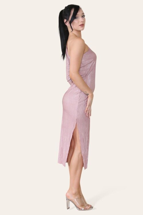 PLISSE PLEATED ONE SHOULDER MIDI DRESS- 6435-PLAIN