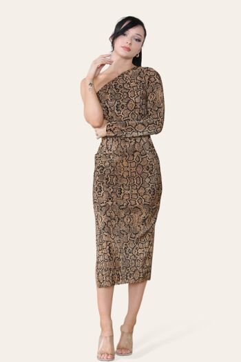 ONE SHOULDER PLISSE PLEATED PRINTED MIDI DRESS-6435-SNAKE 3