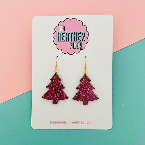Hot Pink and Gold Glitter Christmas Tree Earrings