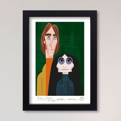 Illustration "John Lennon and Yoko Ono" by Mikel Casal. A5 reproduction signed