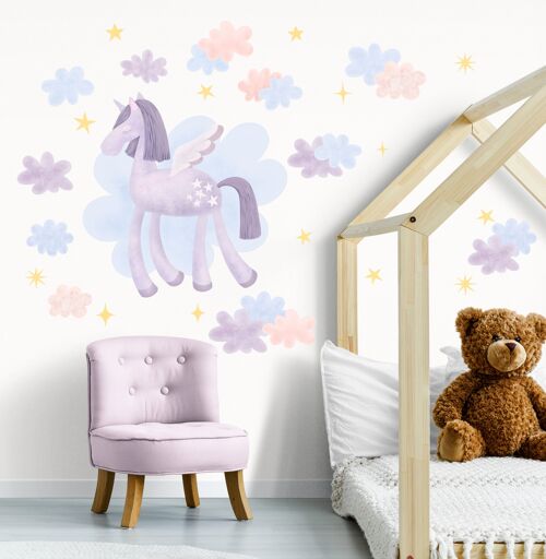 Purple Unicorn In The Clouds - Fabric Wall Art Decals / Stickers for Children's Rooms