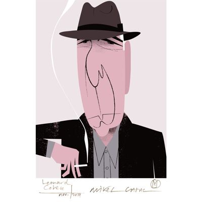 Illustration "Leonard Cohen" de Mikel Casal. Reproduction A5 signée