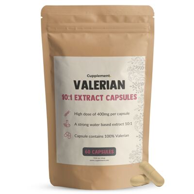 Cupplement - Valériane 60 Capsules - Extrait 10:1 - 400MG - Sans poudre, 125 mg, 500 mg, Thé ou Gouttes - Extra Fort - Comprimés - Supplément - Superaliment - Pour Chats, Chats & Chiens - Racine - Racine de Valériane - Plante - Valériane