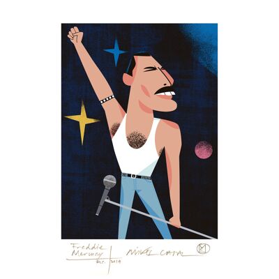 Illustrazione "Freddie Mercury" di Mikel Casal. Riproduzione A5 firmata